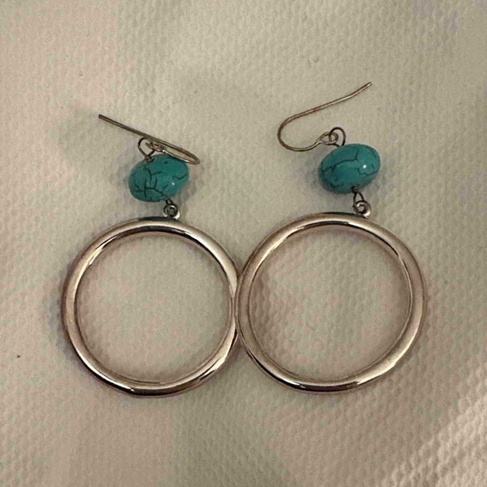 Silver Hoop Earrings with Turquoise Accents